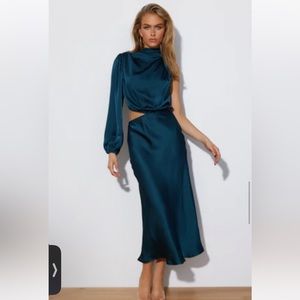 Hello Molly One Shoulder Teal Midi Dress